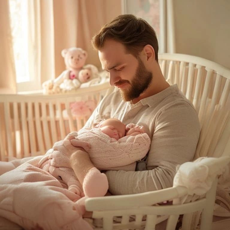 Tatínek drží plačící miminko v uklidňující poloze přes předloktí v útulném dětském pokoji