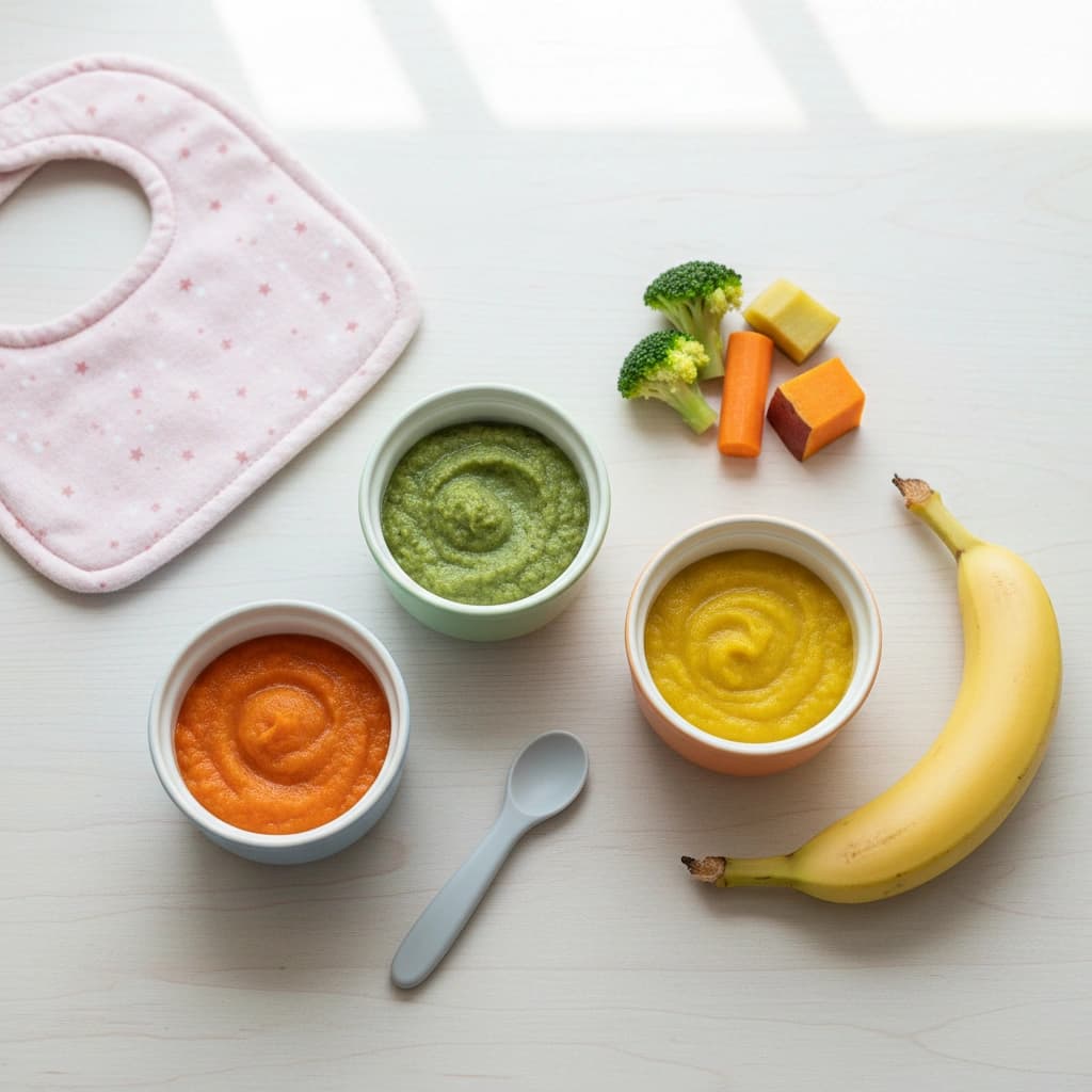 Barevné příkrmy pro miminka — zeleninové pyré a finger food na stole