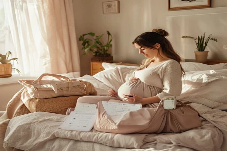 Těhotná žena ve třetím trimestru balí tašku do porodnice s oblečením pro miminko na posteli