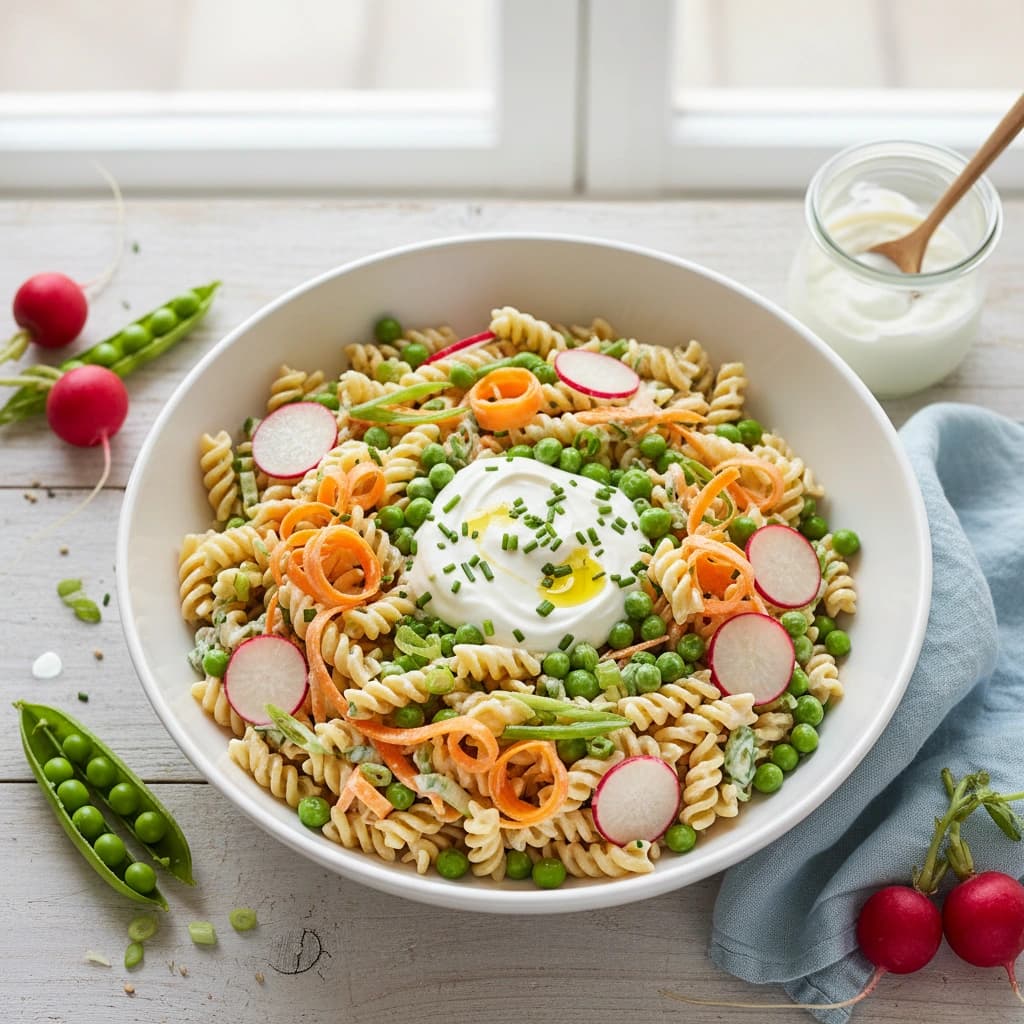 Barevný jarní těstovinový salát s hráškem, ředkvičkami a jogurtovým dresinkem