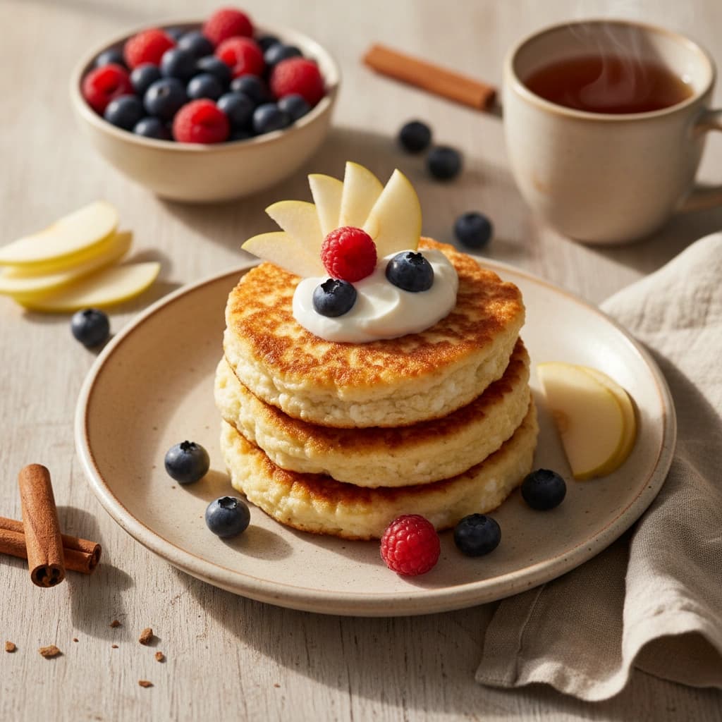 Zlatavé tvarohové palačinky s čerstvým ovocem a jogurtem