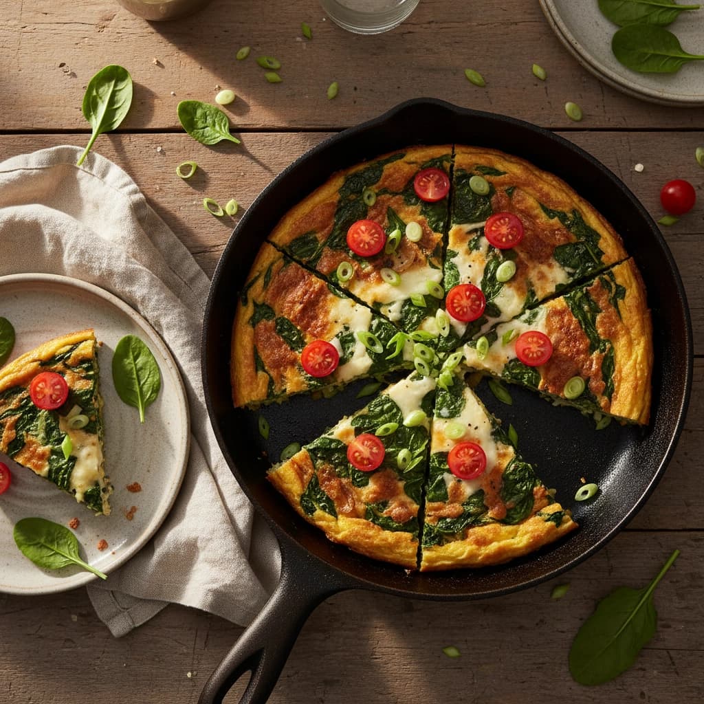 Zlatavá špenátová frittata s jarní cibulkou nakrájená na trojúhelníky